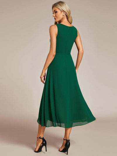 Sleeveless Chiffon High-Low Wedding Guest Dress with Waist Applique #color_Dark Green