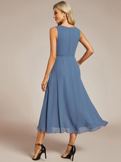 Sleeveless Chiffon High-Low Wedding Guest Dress with Waist Applique #color_Dusty Blue
