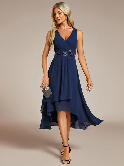 Sleeveless Chiffon High-Low Wedding Guest Dress with Waist Applique #color_Navy Blue