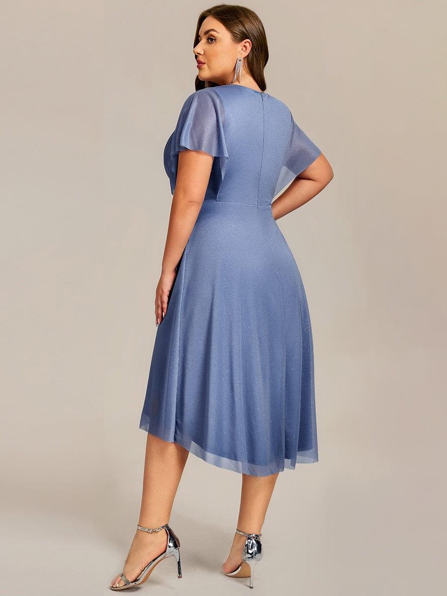Glitter Bat-Wing Applique Asymmetrical Hem Midi Weeding Guest Dress #color_Dusty Blue