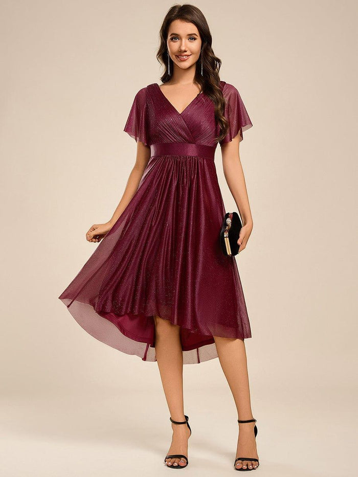 Glitter Pleated Midi Wedding Guest Dress with Asymmetrical Hem - Ever ...