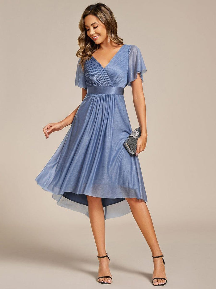 Glitter Pleated Midi Wedding Guest Dress with Asymmetrical Hem - Ever ...