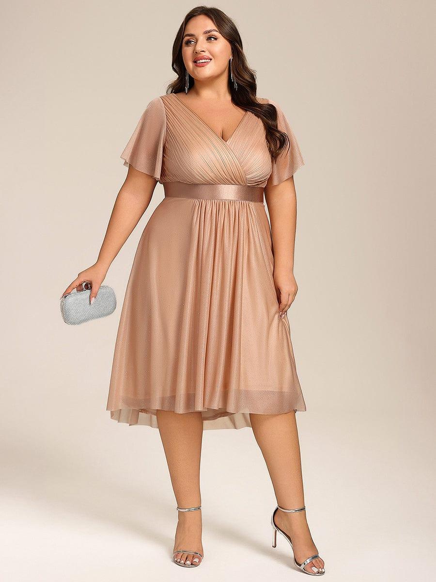 Plus Size Glitter Ruffles Sleeve Asymmetrical Hem Midi Wedding Guest Dress #color_Rose Gold