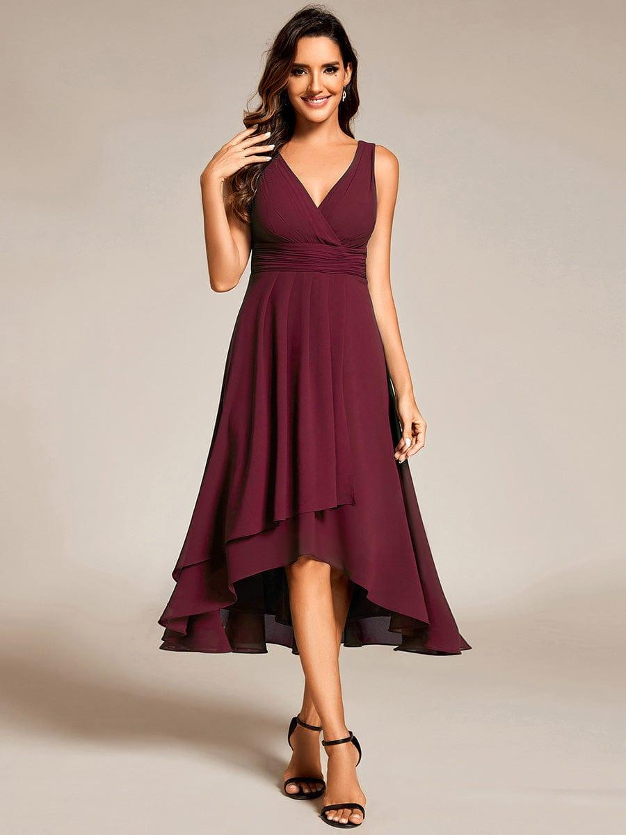Elegant V-Neck Sleeveless Pleated High-Low Chiffon Wedding Guest Dress #color_Burgundy