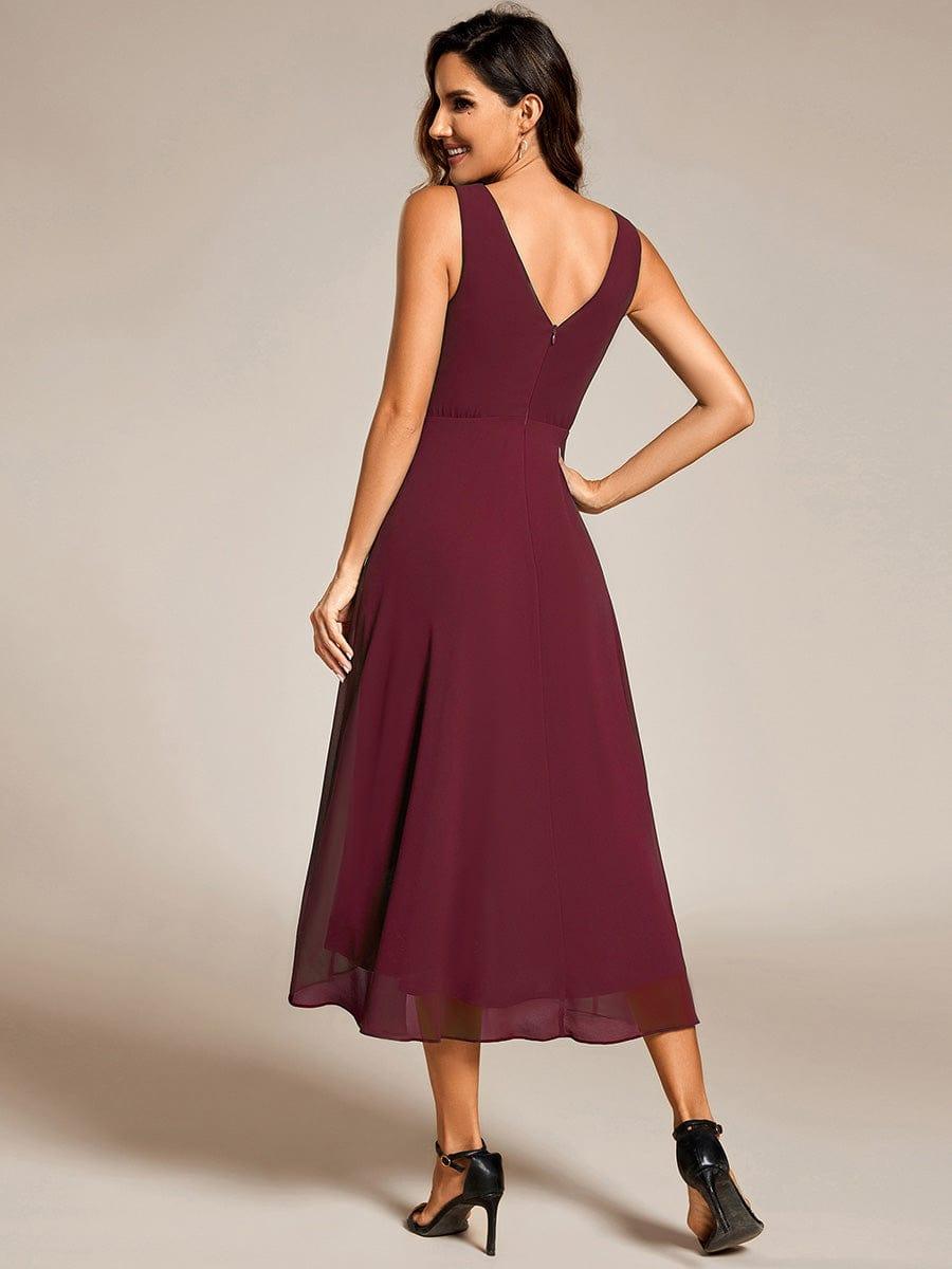 Elegant V-Neck Sleeveless Pleated High-Low Chiffon Wedding Guest Dress #color_Burgundy