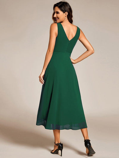 Elegant V-Neck Sleeveless Pleated High-Low Chiffon Wedding Guest Dress #color_Dark Green