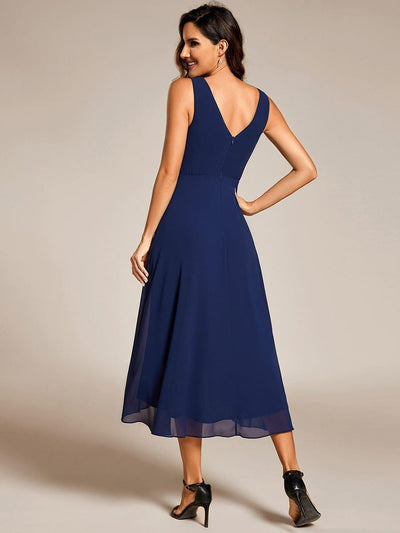 Elegant V-Neck Sleeveless Pleated High-Low Chiffon Wedding Guest Dress #color_Navy Blue