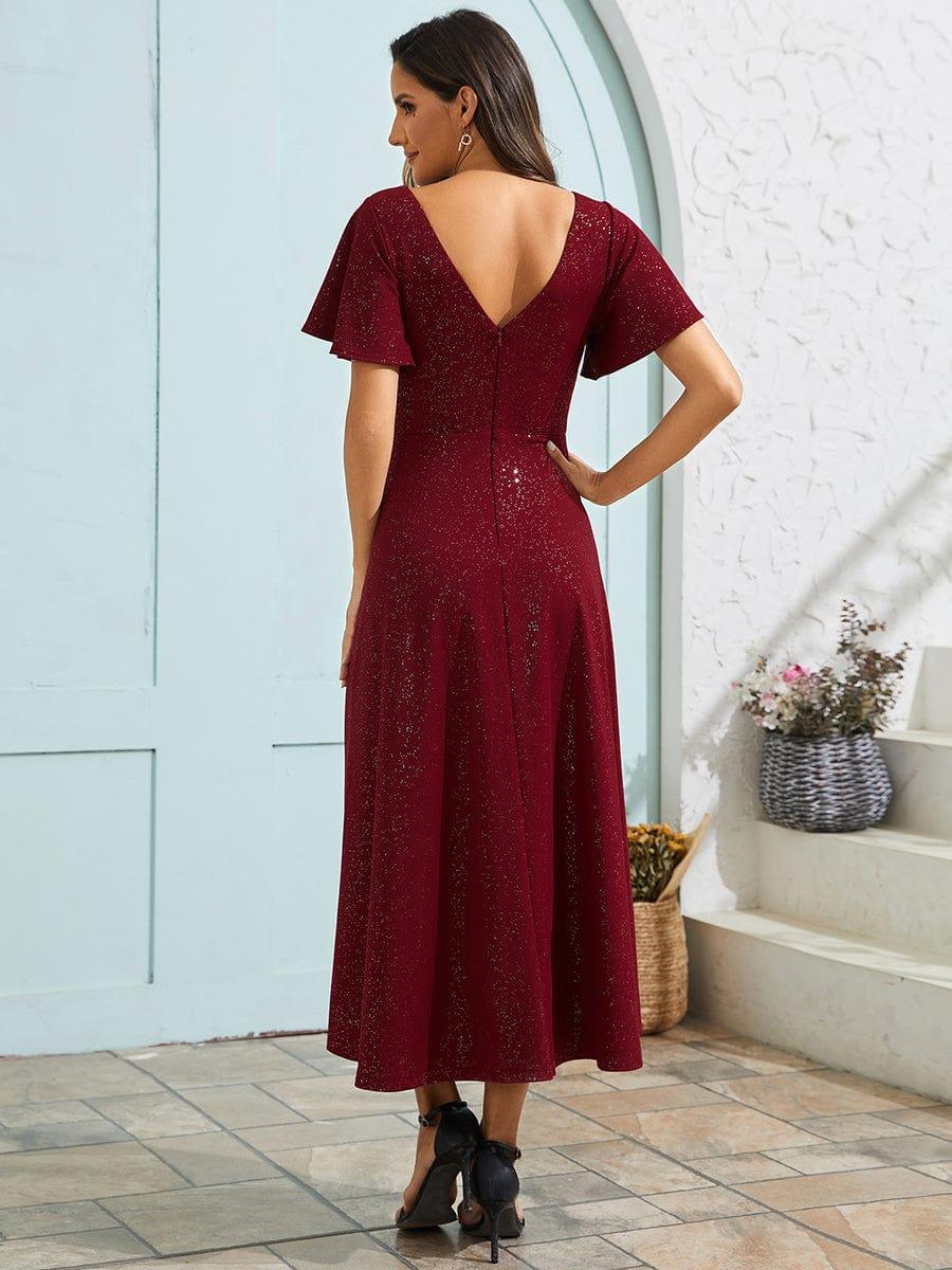 Glitter High-Low V-Neck Ruffled Sleeves Wedding Guest Dress #color_Burgundy