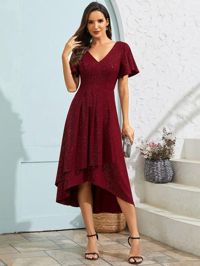 Glitter High-Low V-Neck Ruffled Sleeves Wedding Guest Dress #color_Burgundy