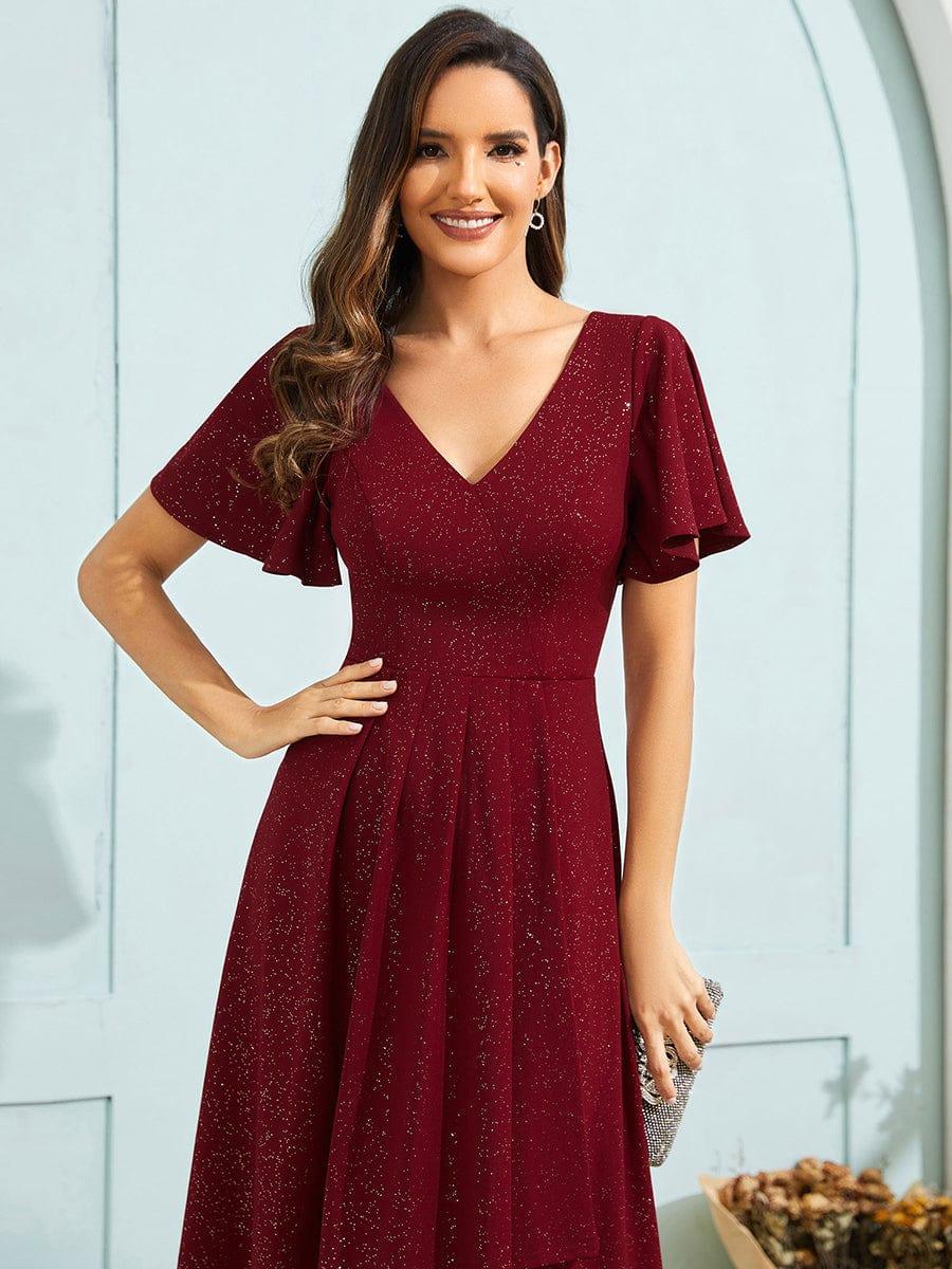 Glitter High-Low V-Neck Ruffled Sleeves Wedding Guest Dress #color_Burgundy