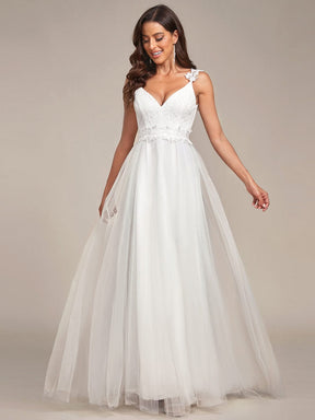 Custom Size Double V Neck Lace Bodice Floor Length Tulle Wedding Dress