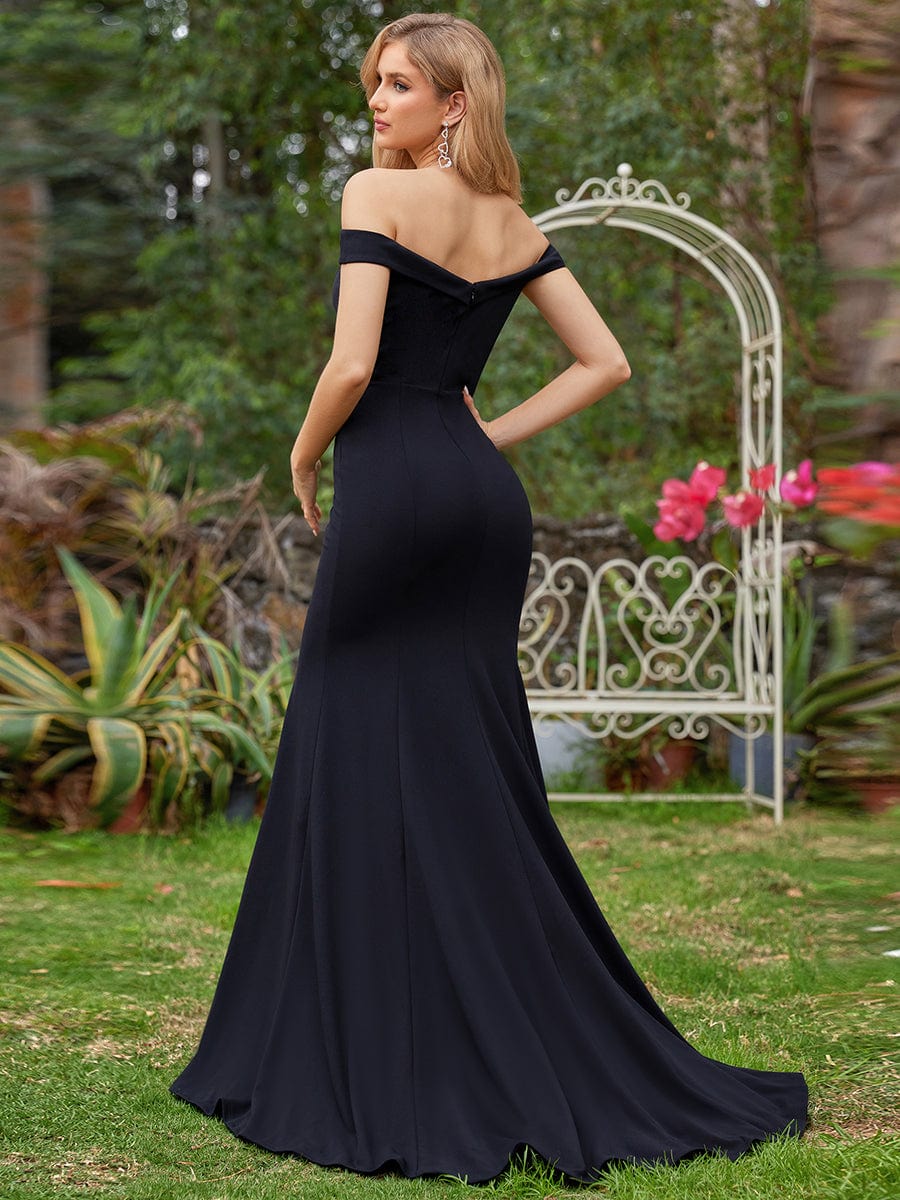 Plain Solid Color Off Shoulder Mermaid Wedding Dress #color_Black