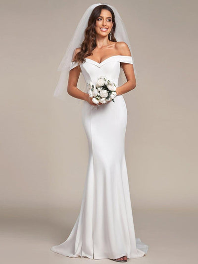 Plain Solid Color Off Shoulder Mermaid Wedding Dress #color_Cream