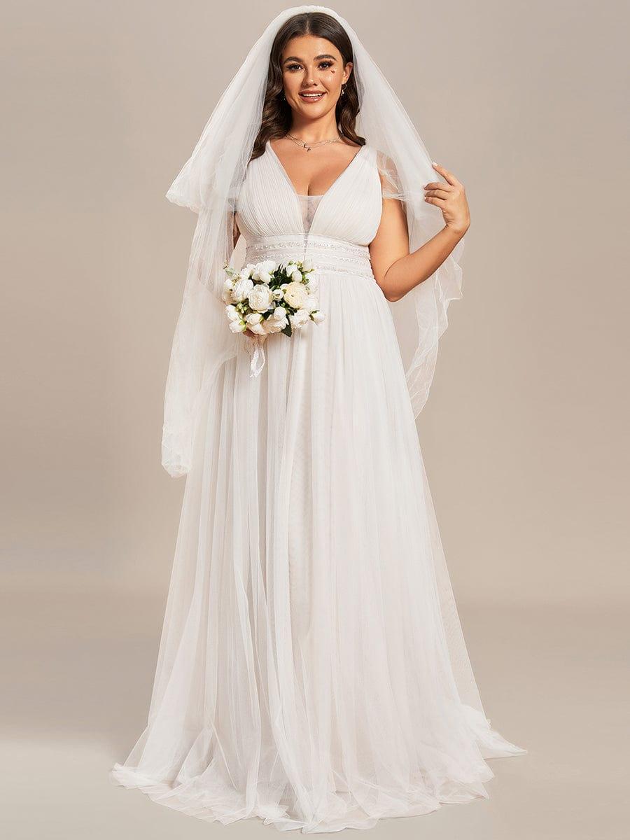 Plus Sleeveless Deep V Low Back Long Wedding Dress