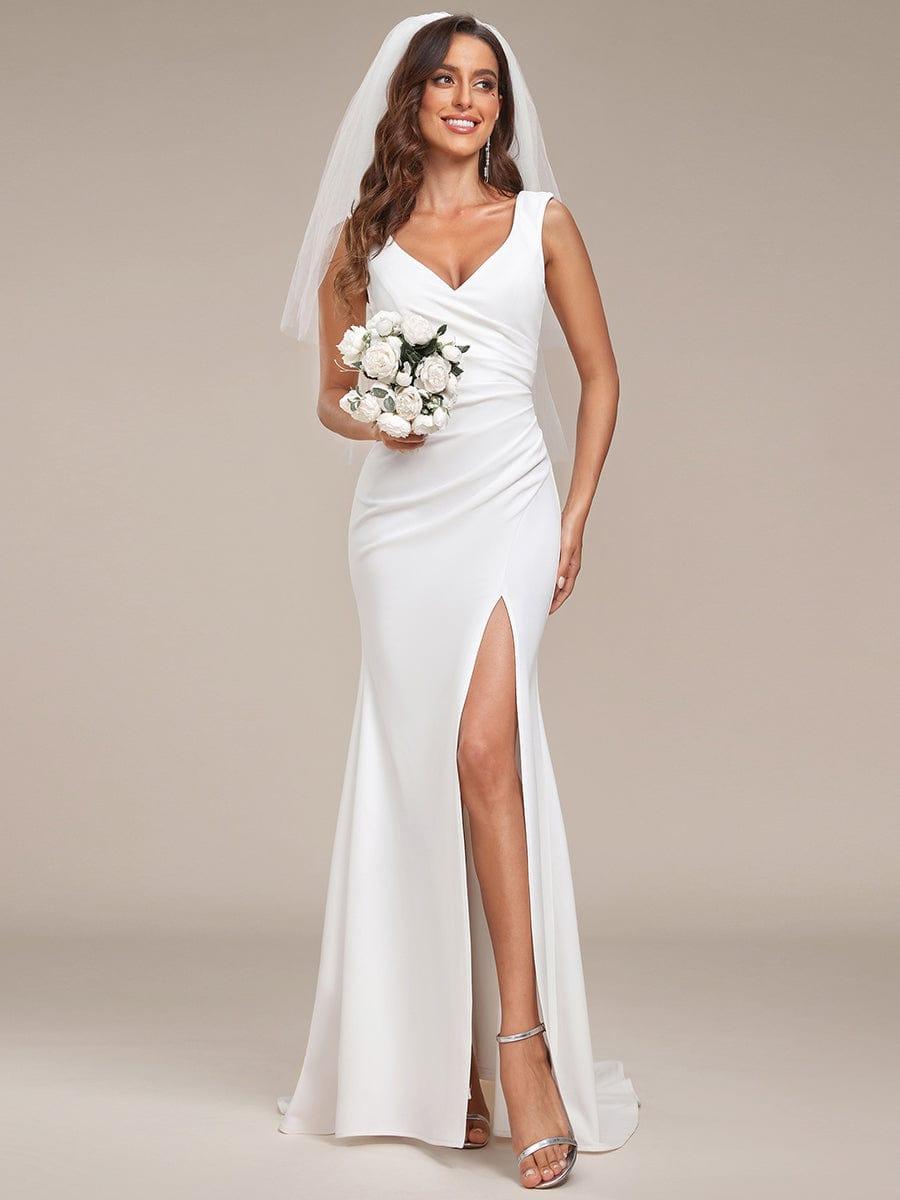 Sleeveless Ruched Sweetheart Fit and Flare Wedding Dress #color_White