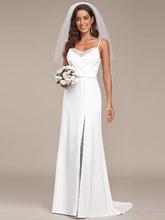 A-Line Lace Spaghetti Strap Front Slit Wedding Dress #Color_White