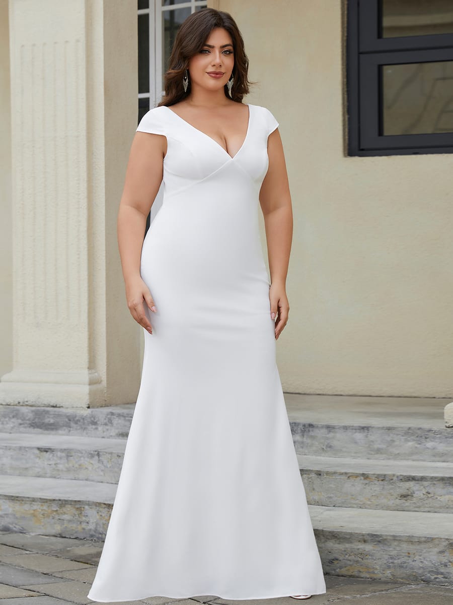 Cap Sleeve V-Neckline Lace Backless Wedding Dress #color_White