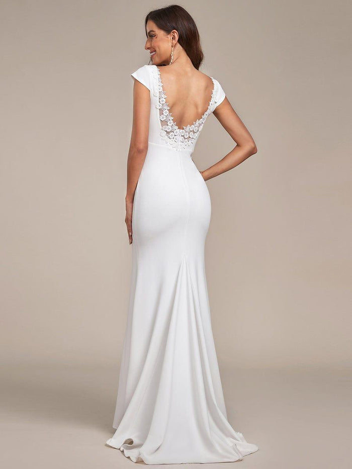 Lace Backless V-Neck Cap Sleeve Knitted Wedding Dress - Ever-Pretty UK
