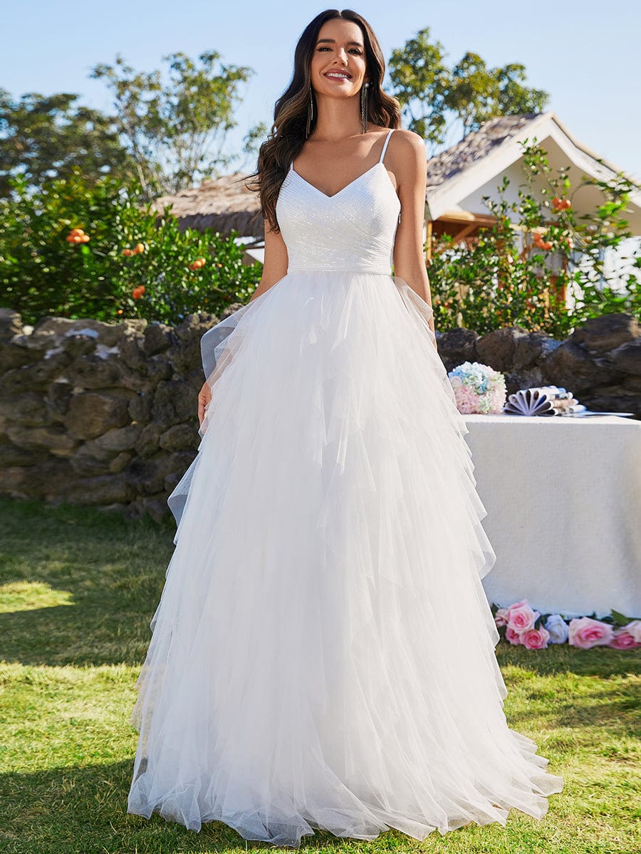 Custom Size Sparkling V-Neck Spaghetti Straps Tulle Wedding Dress #color_White