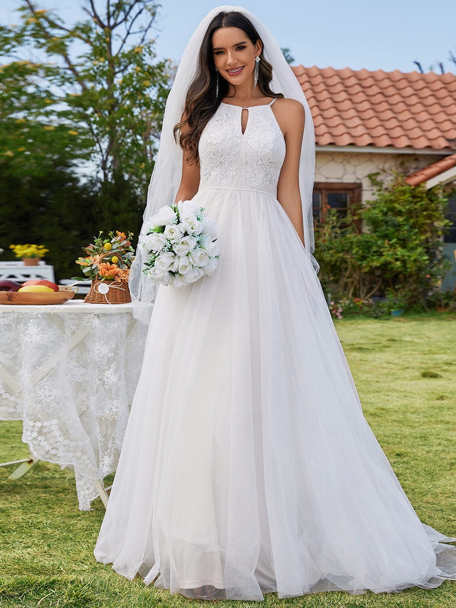 Custom Size Halter Neck A-Line Tulle Wedding Dress with Applique #color_Ivory