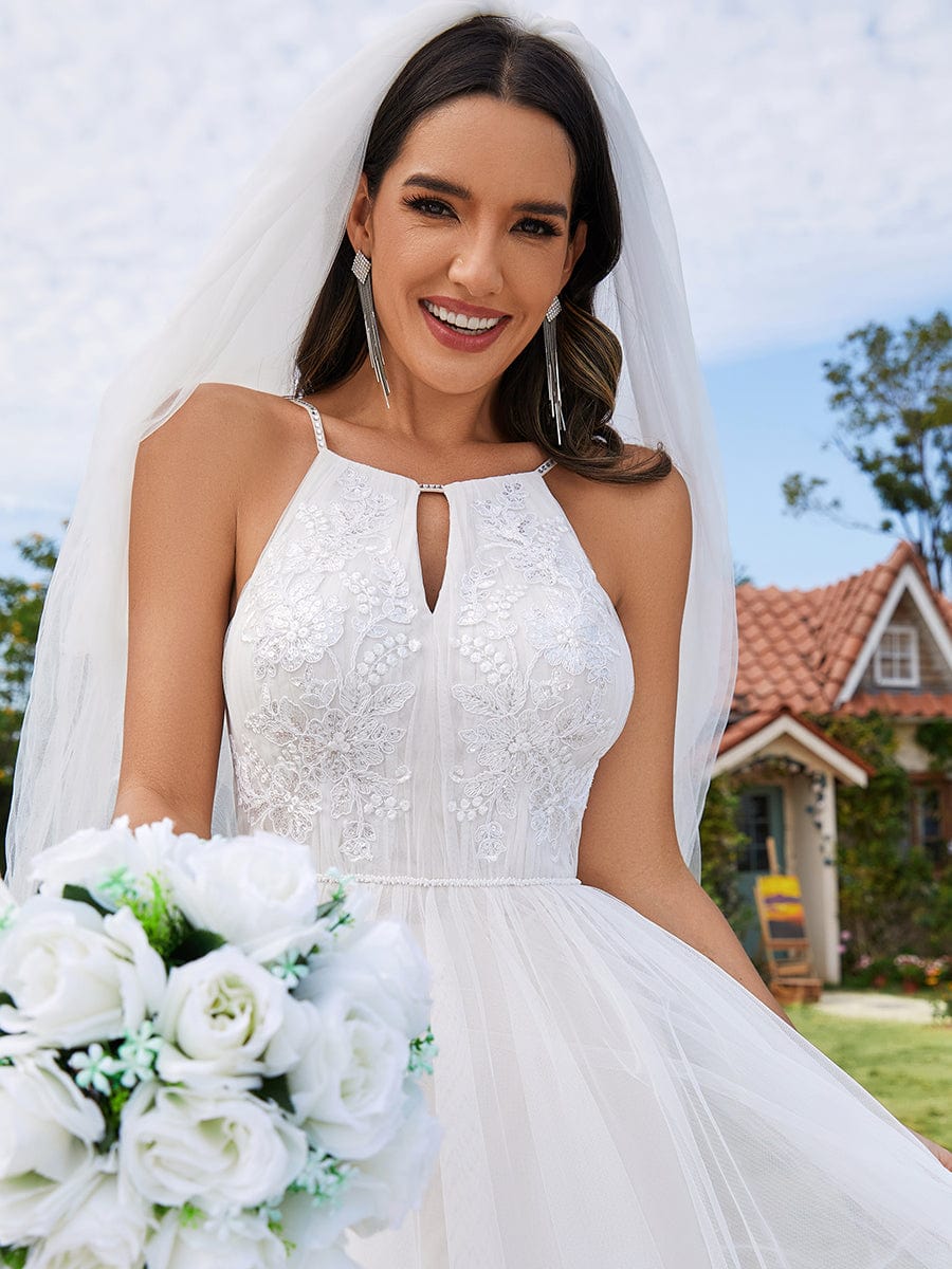 Custom Size Halter Neck A-Line Tulle Wedding Dress with Applique