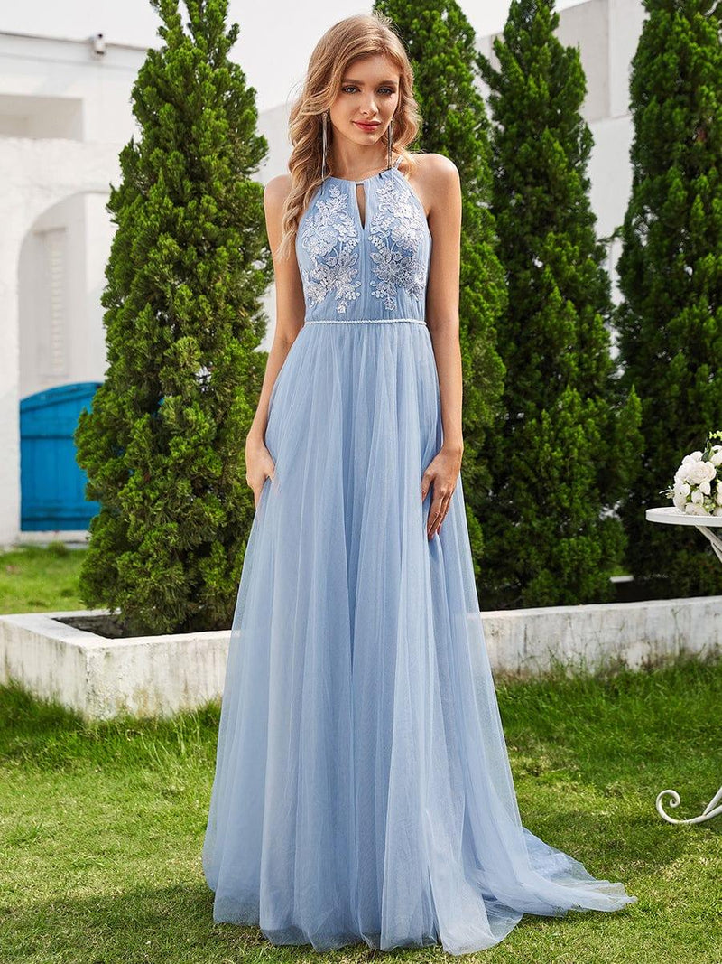 Halter Neck A-Line Tulle Wedding Dress featuring Applique - Ever-Pretty UK