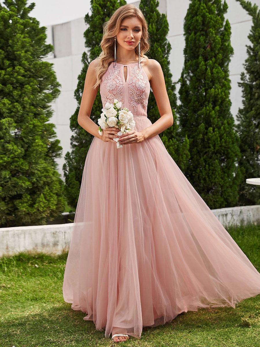 Halter Neck A-Line Tulle Maxi Dress with Applique in Pink Halter Neck A-Line Tulle Maxi Dress with Applique in Pink