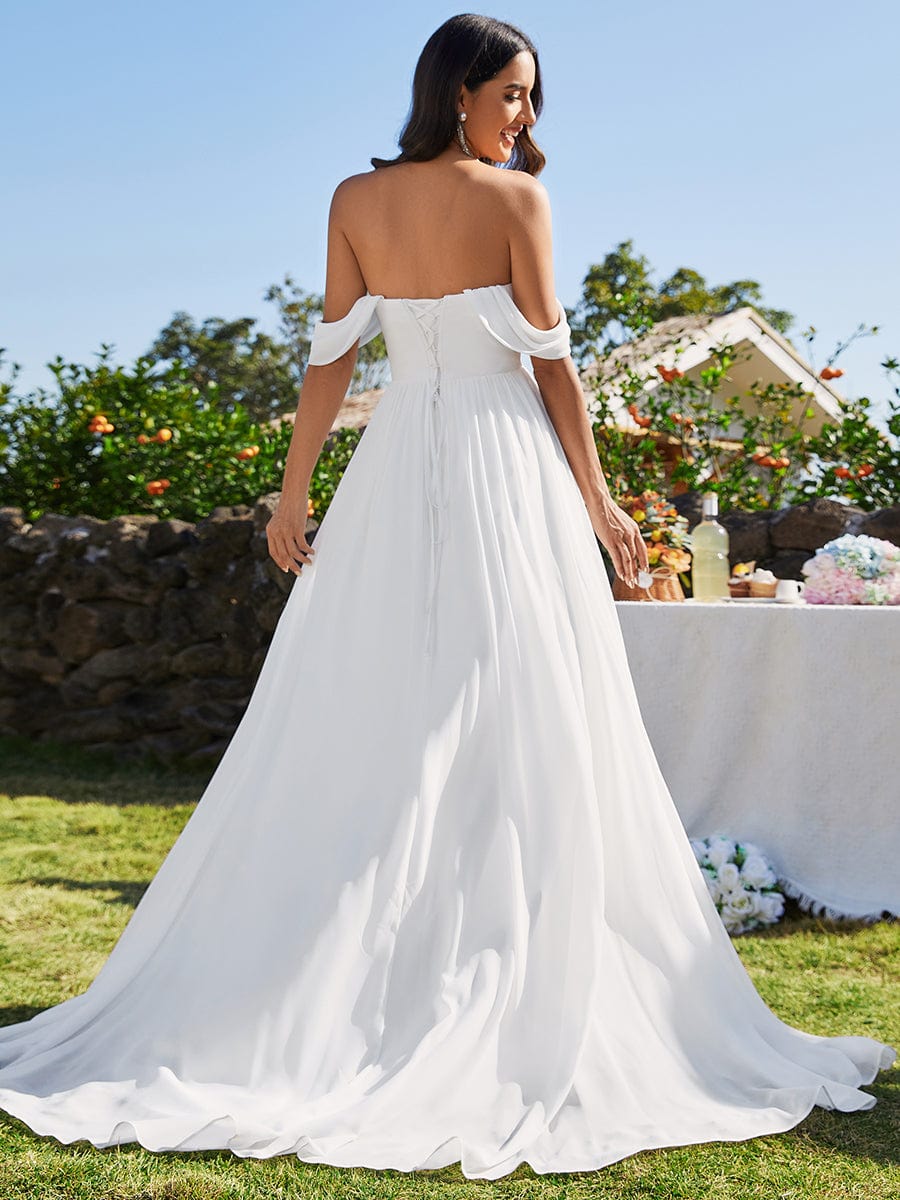 Custom Size A-Line Chiffon Wedding Dresses featuring Off Shoulder Design #color_White