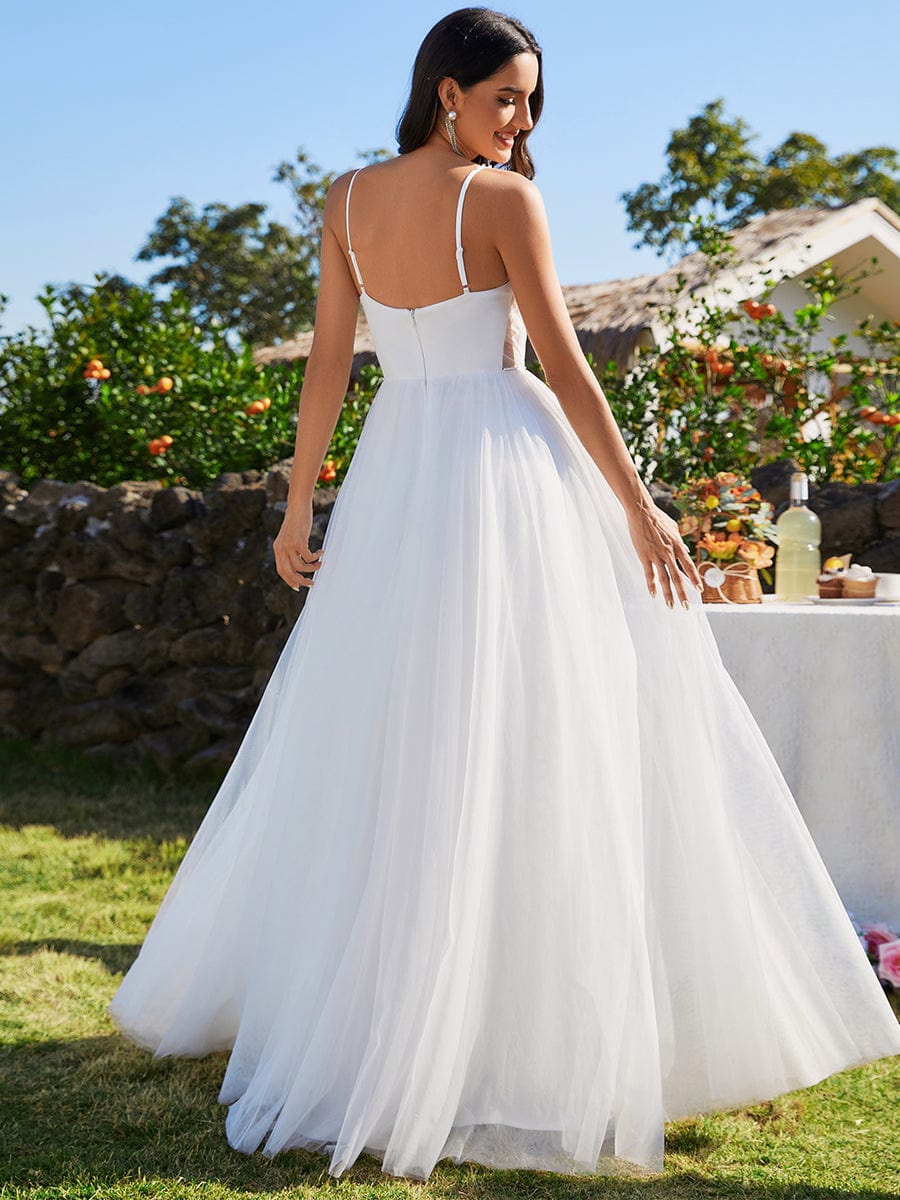 Custom Size V-Neck Spaghetti Strap A-Line Wedding Dresses with Pearl Embellishments #color_White