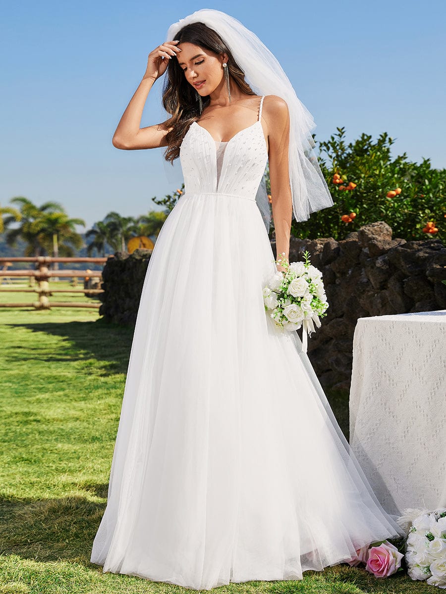 Custom Size V-Neck Spaghetti Strap A-Line Wedding Dresses with Pearl Embellishments #color_White