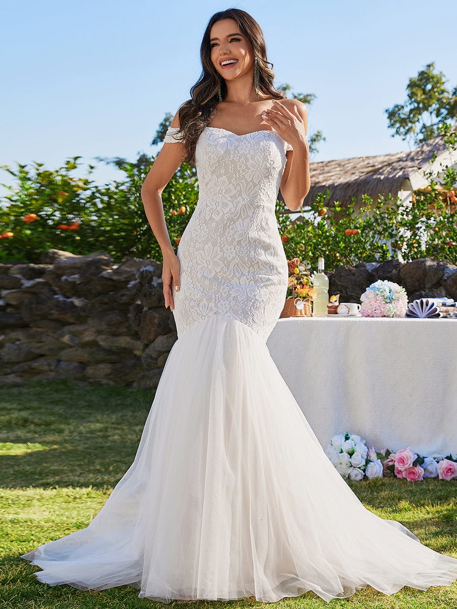 Custom Size Off Shoulder Lace Mermaid Wedding Dress #color_Ivory
