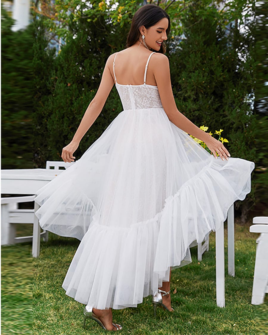 Sweetheart Corset Top High-Low Wedding Dress with Spaghetti Straps #color_Ivory
