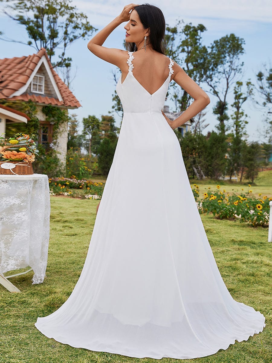 Custom Size V-Neck Spaghetti Strap Chiffon High-Slit Wedding Dresses with Floral Print Straps #color_White