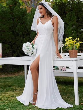 Custom Size Floral Applique Straps V-Neck Chiffon High-Slit Wedding Dresses with Spaghetti Strap