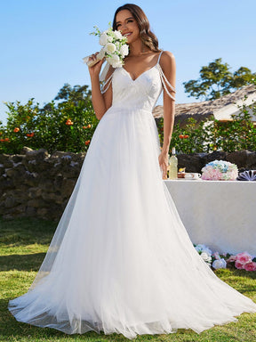 Custom Size Pearl shoulder strap V-Neck Embroidered Wedding Dress with A-Line