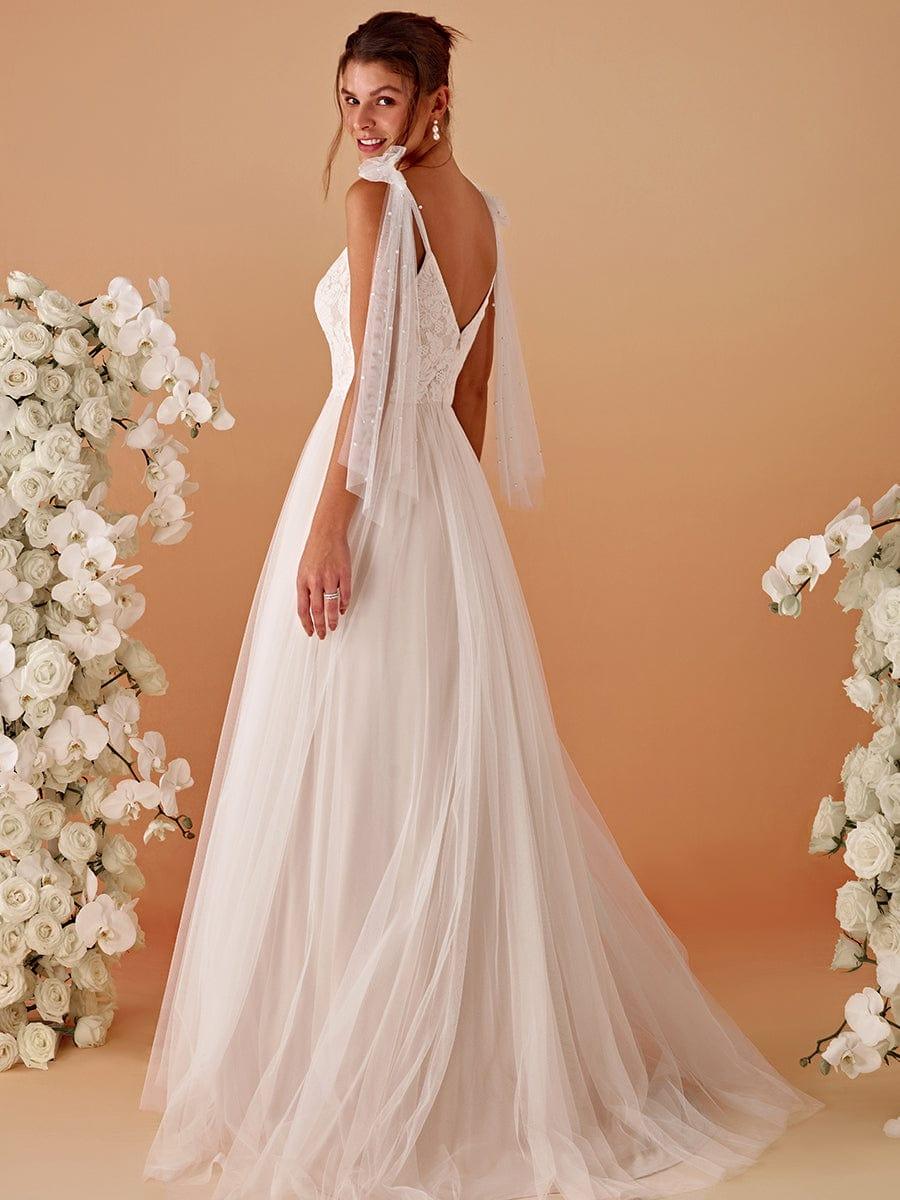 V-neck Lace Tulle Wedding Dress With Bow Straps #color_Ivory