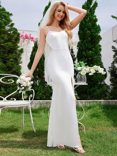 Sweetheart Lace Waist Sheer Mermaid High Slit Sleeveless Wedding Dress #color_White