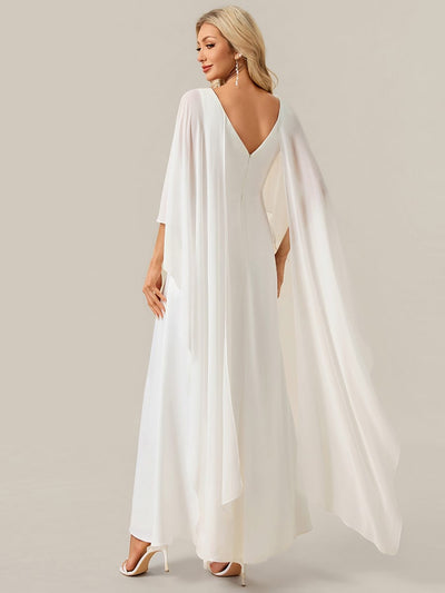 Deep V-Neck Satin Shawl Sleeve Dress #color_White
