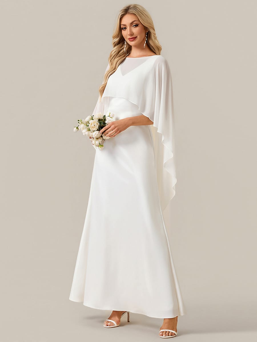 Deep V-Neck Satin Shawl Sleeve Dress #color_White