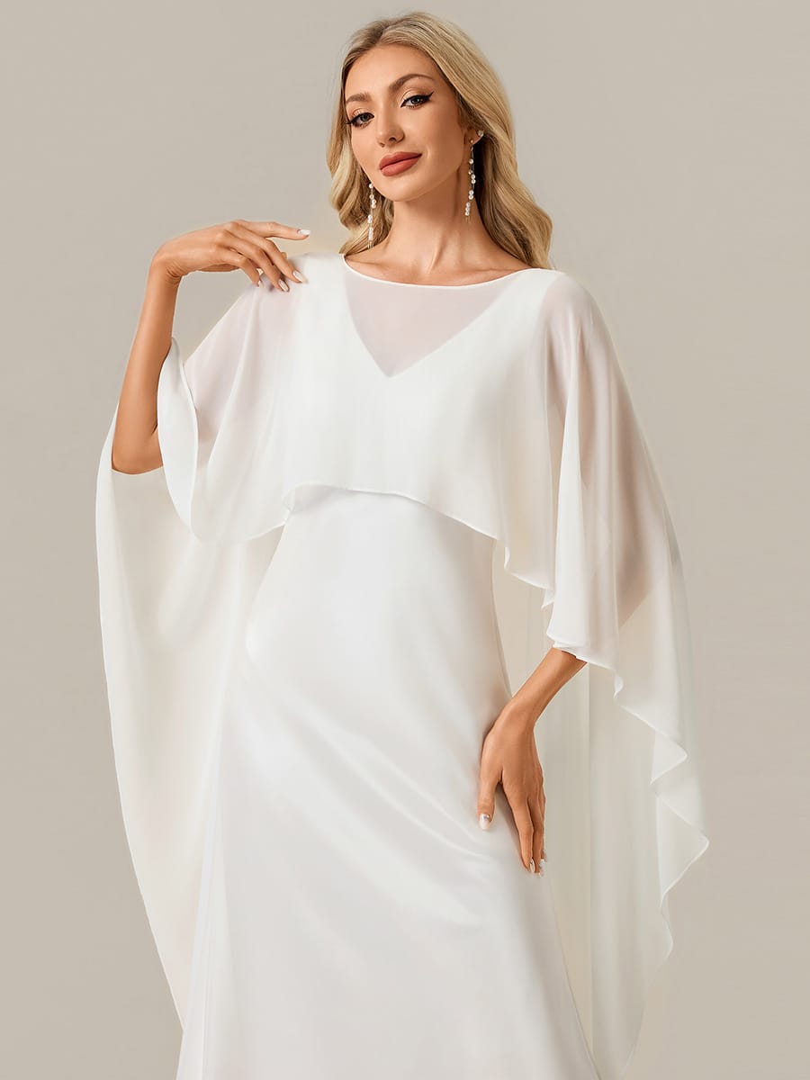 Deep V-Neck Satin Shawl Sleeve Dress #color_White