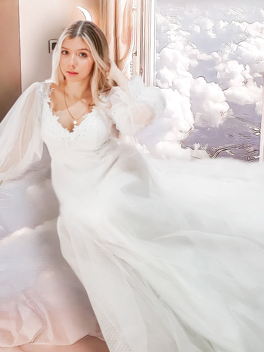 Custom Size Long Sleeve Off Shoulder Applique Maxi Wedding Dress Fan Photos 1