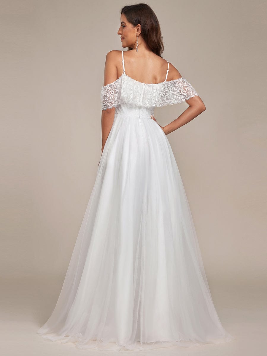 Maxi Long Spaghetti Straps High Low Lace Wedding Dress #color_Cream