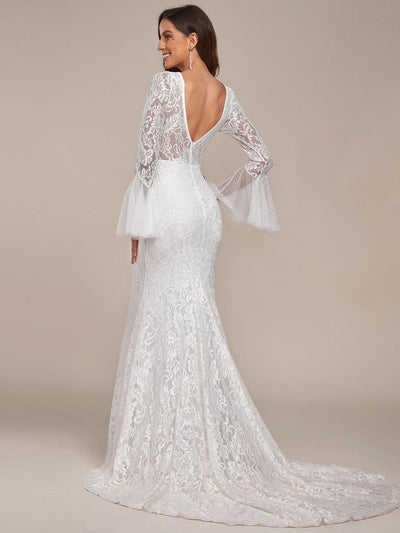 Romantic V Back Mermaid Lace Wedding Dress #color_Cream