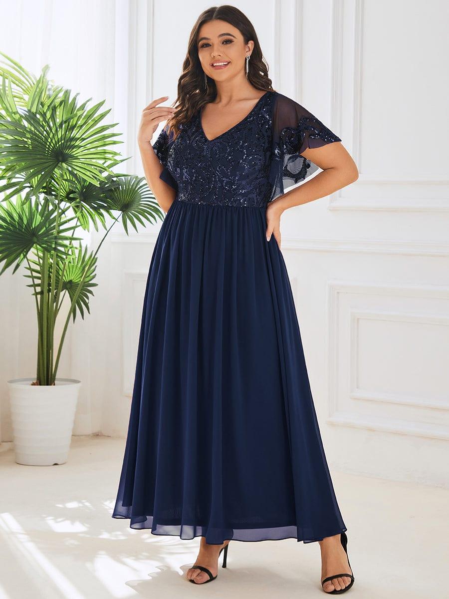 Plus Size V-Neck Short Sleeve Sequin Bodice Mother of the Bride Dress