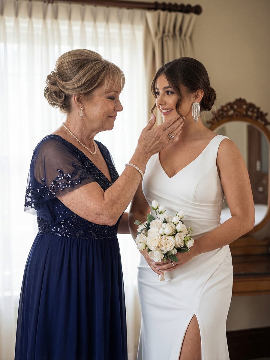 Short Sleeve V-Neck Sequin Chiffon A-Line Mother of the Bride Dress #Color_Navy Blue