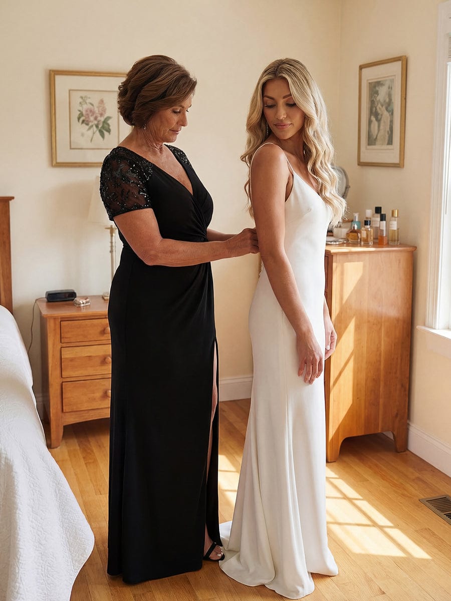 Short Sequin Sleeve Front Slit Mother of the Bride Dress #Color_Black