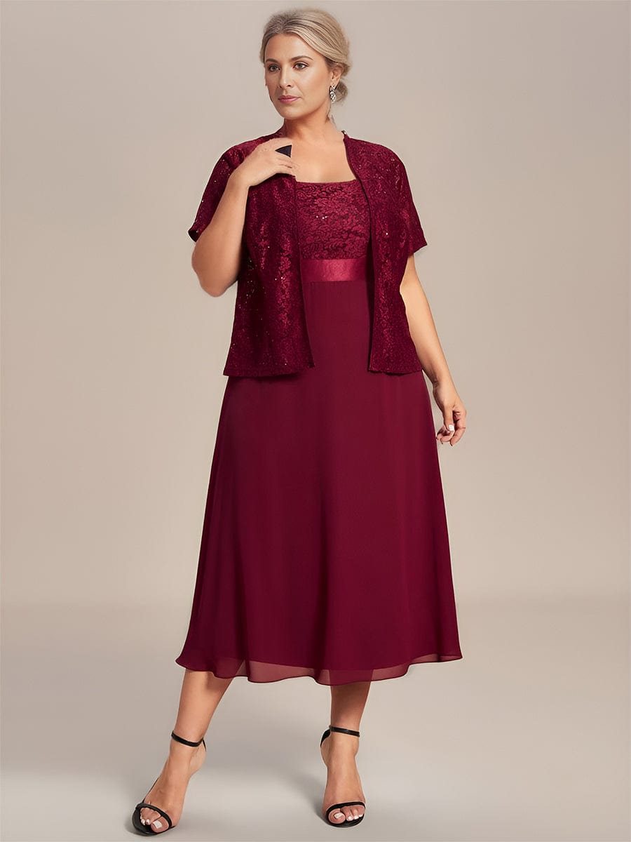 Plus Size Square Neckline A-Line Chiffon Mother of the Bride Dress with Lace Cardigan