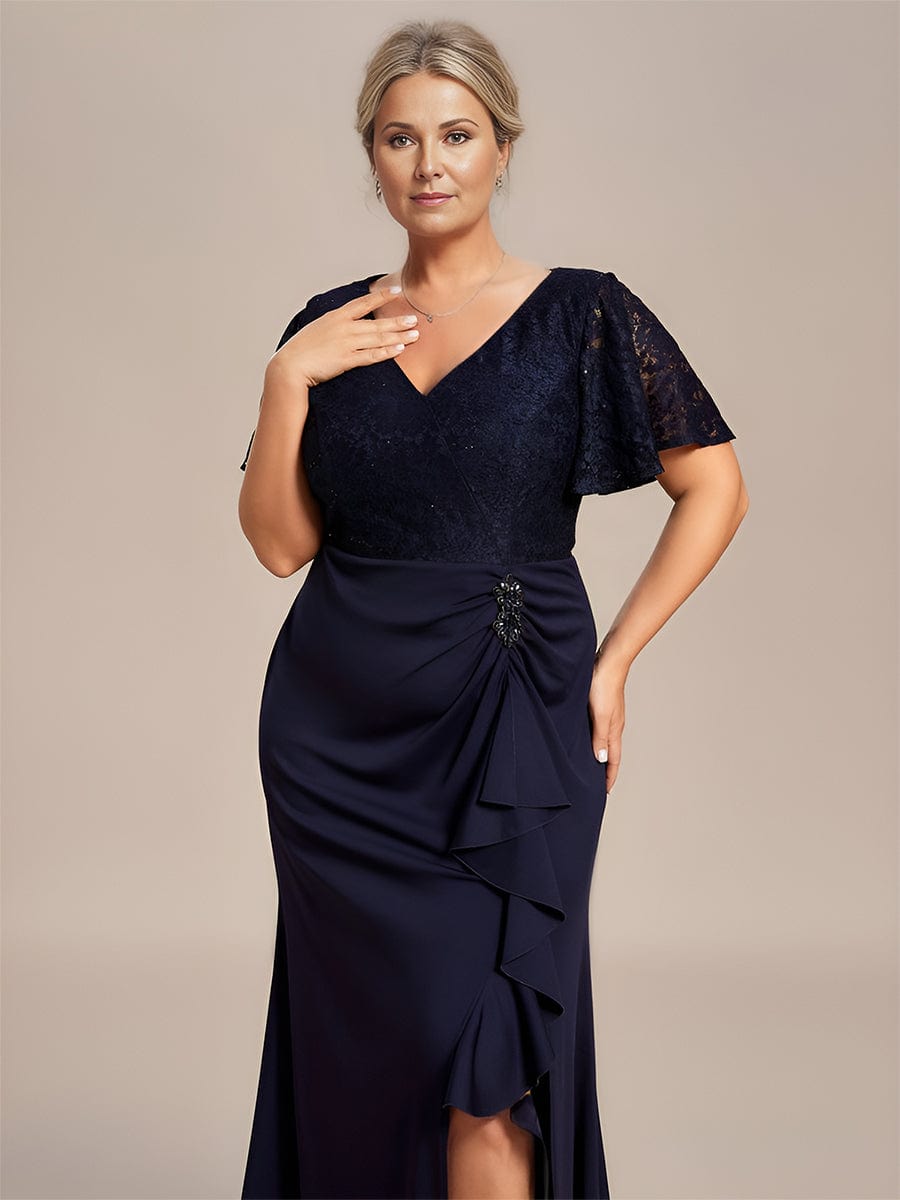 Plus Size Ruffles Sleeve Lace Top Mother of the Bride Dress