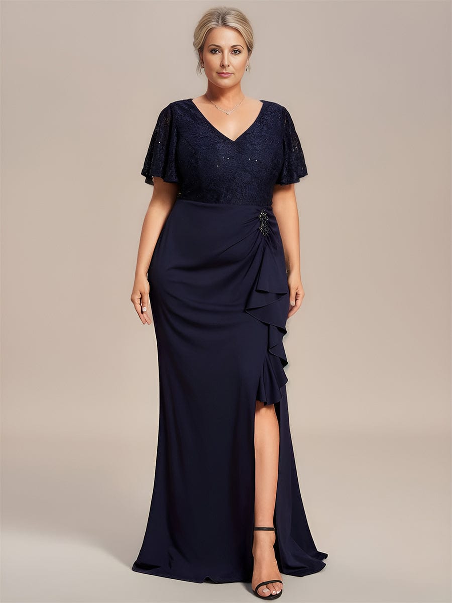 Plus Size Ruffles Sleeve Lace Top Mother of the Bride Dress
