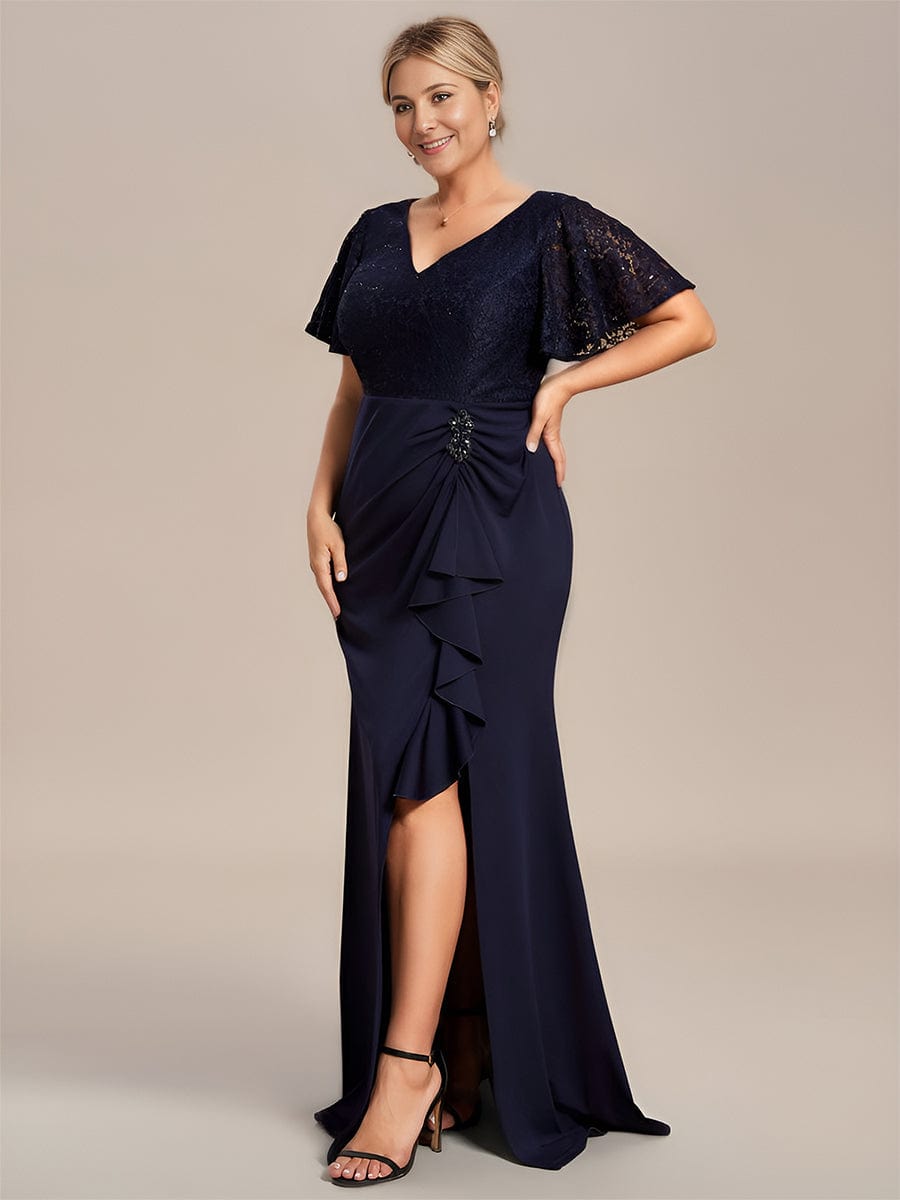 Plus Size Ruffles Sleeve Lace Top Mother of the Bride Dress #color_Navy Blue